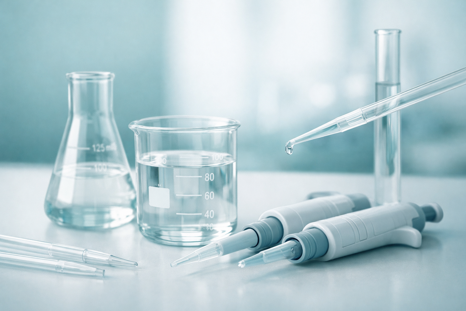 Soft-lit close-up of laboratory glassware